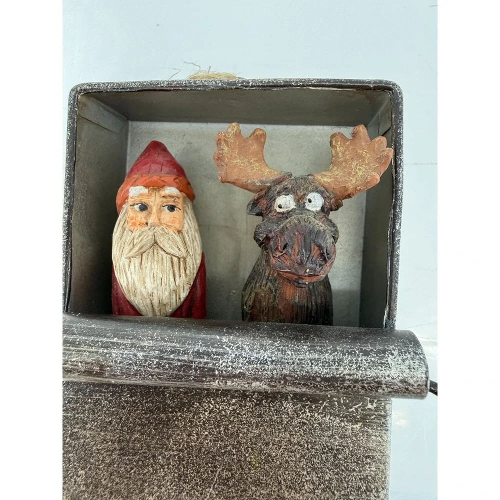 Rustic Santa & Moose Shadow Box Christmas Wall Decor Primitive Sardine Tin